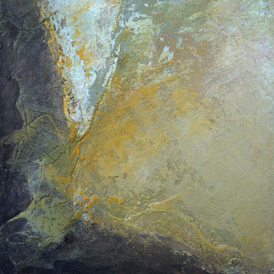 Yellow ochre abstract painting with cracks.