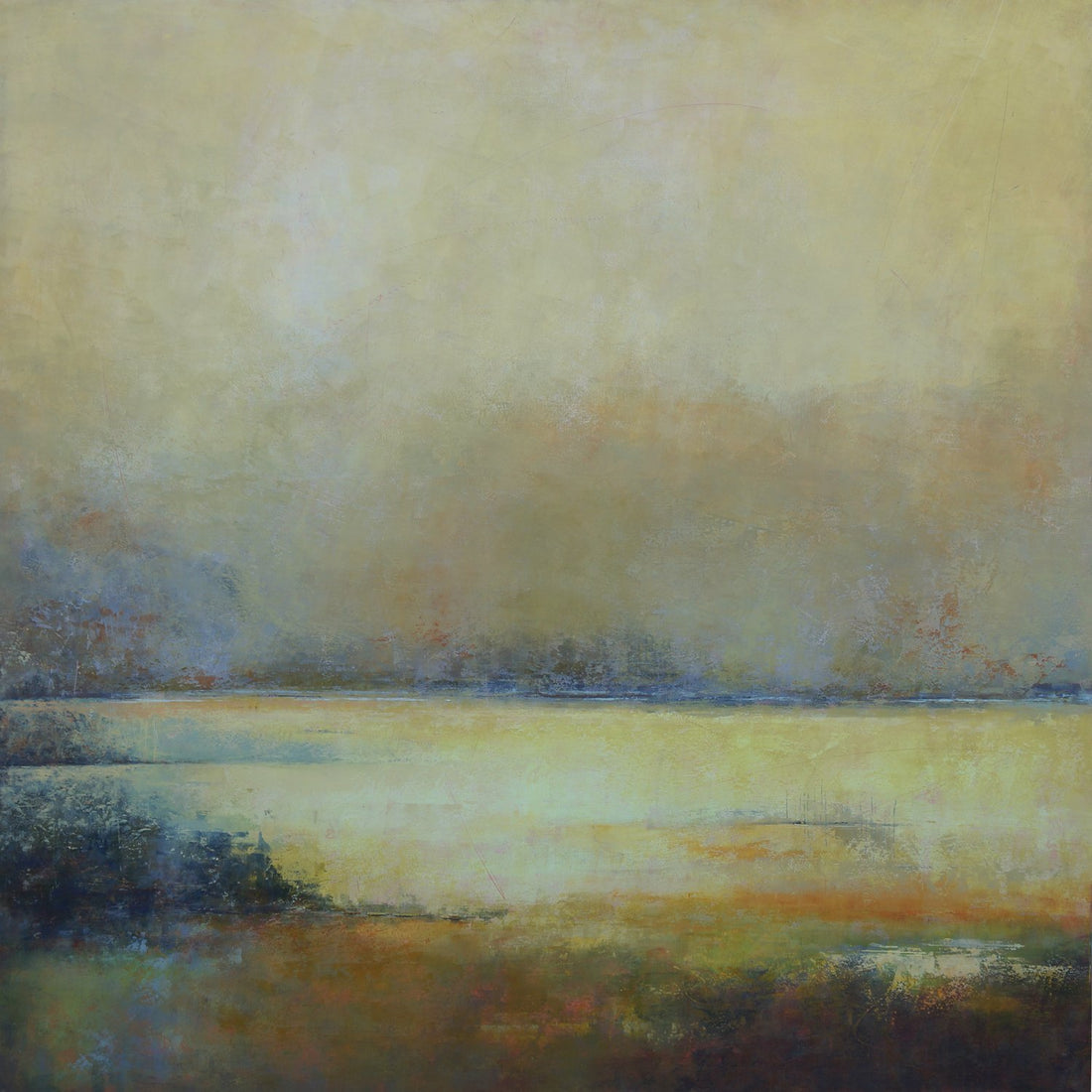 Yellow abstract landscape painting made of oil and cold wax medium