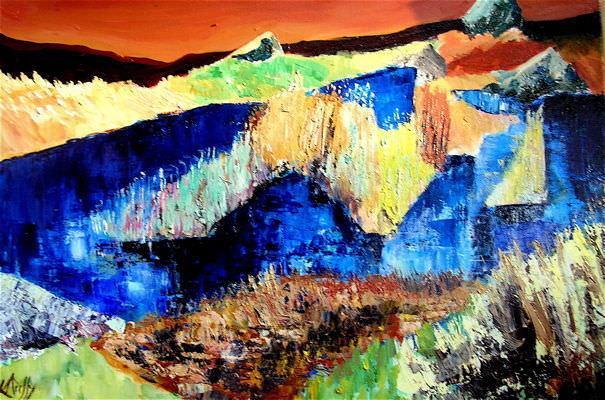 Blue and gold abstract landscape painting by Mary Duffy.