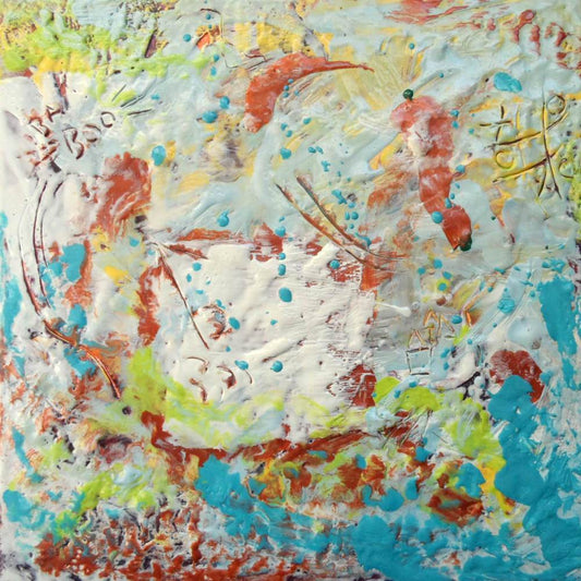 Colorful abstract encaustic "hot wax" painting by Victoria Primicias.
