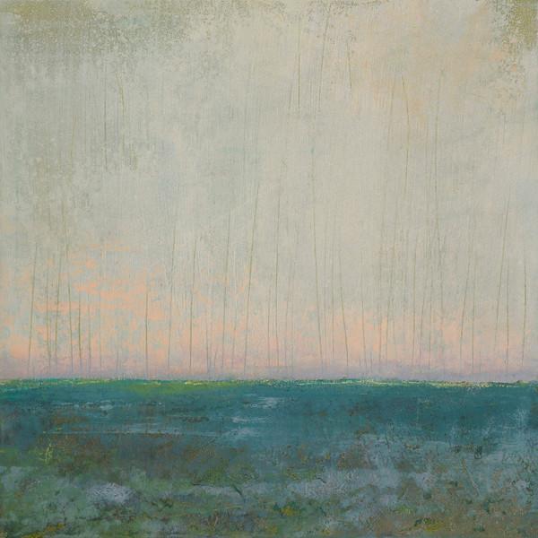 Square horizon abstract coastal painting with salmon skies and bluegreen waters.