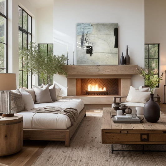 Large square abstract expressionist painting above fireplace