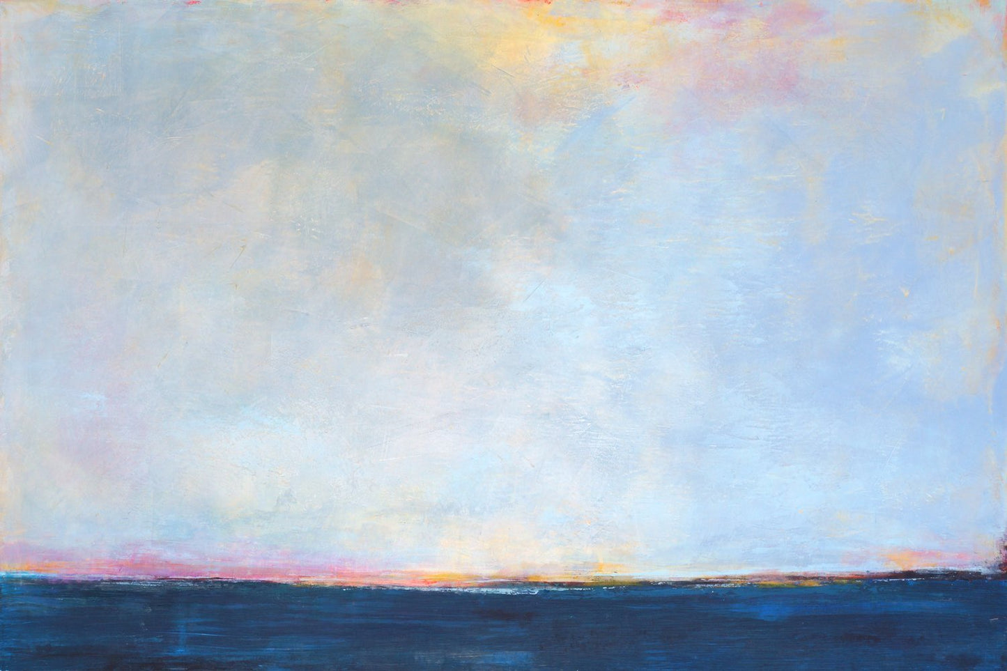Serene horizon abstract beach painting "Local Celebrity," blue original art by Victoria Primicias