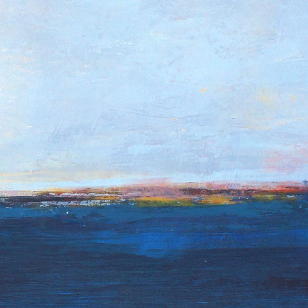 Closeup detail of serene horizon abstract landscape art "Local Celebrity," blue original painting by Victoria Primicias