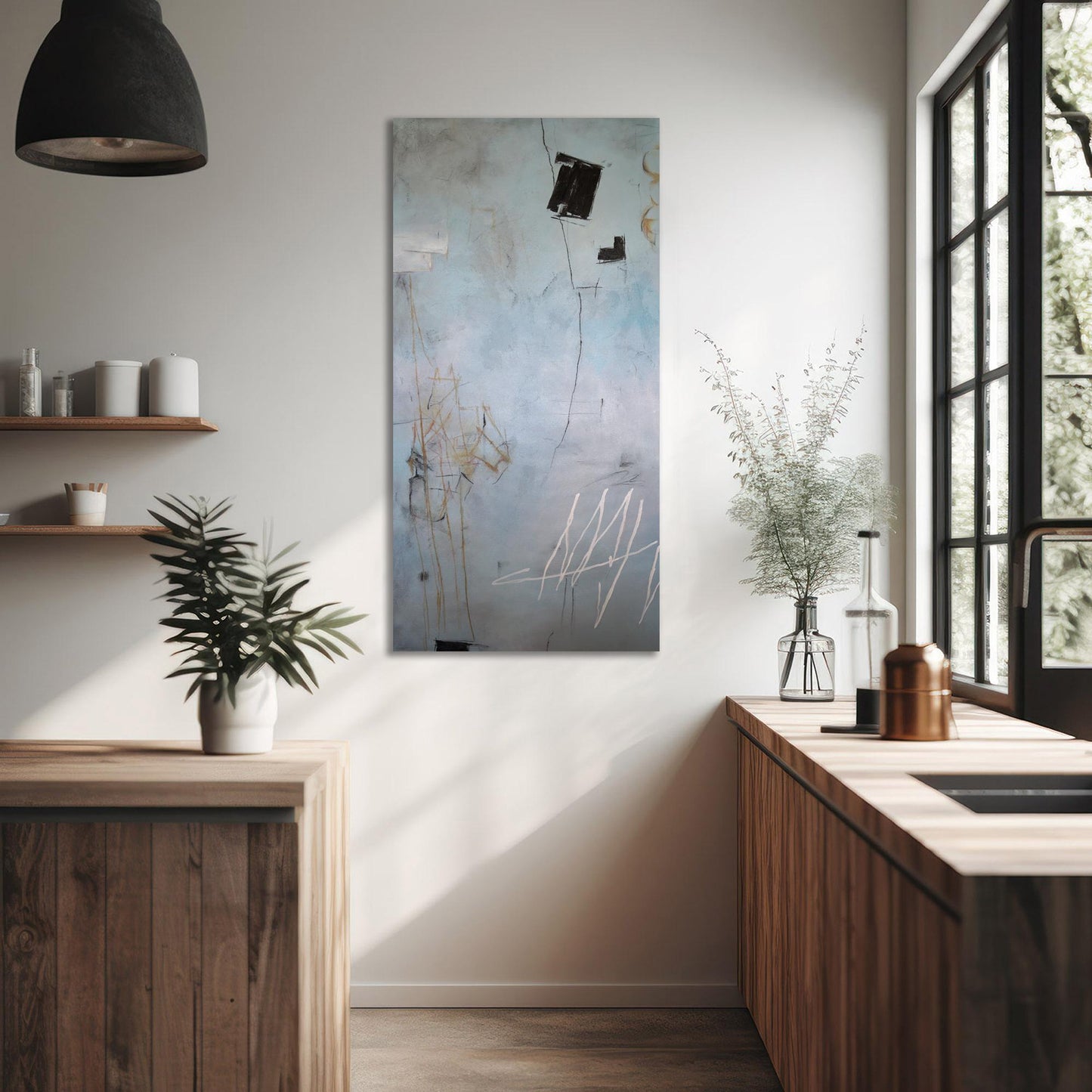 abstract expressionist painting in kitchen