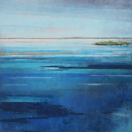 Blue square abstract landscape painting.