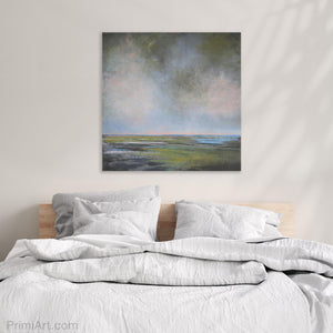 serene coastal abstract landscape in bedroom