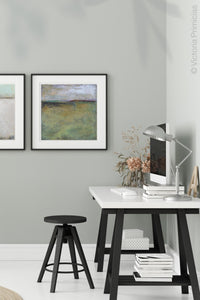 Square abstract beach artwork "Dijon Dunes," digital download by Victoria Primicias, decorates the office.