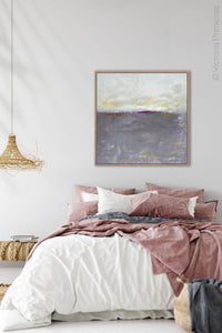 Neutral color abstract coastal wall decor "Fog Island," printable art by Victoria Primicias, decorates the bedroom.