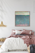 Load image into Gallery viewer, Bluegreen abstract beach wall decor &quot;Patrician Lake,&quot; canvas art print by Victoria Primicias, decorates the bedroom.
