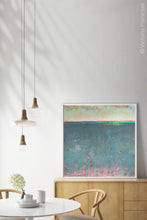 Load image into Gallery viewer, Bluegreen abstract beach artwork &quot;Patrician Lake,&quot; metal print by Victoria Primicias, decorates the dining room.
