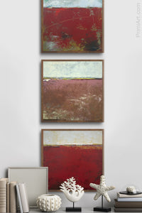 Red abstract ocean painting "Scarlet Sound," digital download by Victoria Primicias, decorates the entryway.