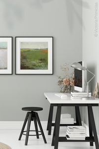 Green abstract landscape painting "Spring Envy," fine art print by Victoria Primicias, decorates the office.