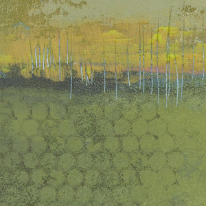 Closeup detail of yellow-green abstract landscape painting "Above Anything," wall art print by Victoria Primicias