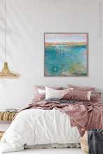 Load image into Gallery viewer, Teal abstract beach art &quot;Admiral Straits,&quot; digital print by Victoria Primicias, decorates the bedroom.
