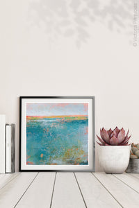 Teal abstract ocean art "Admiral Straits," digital print by Victoria Primicias, decorates the shelf.