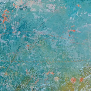 Closeup detail of teal abstract beach art "Admiral Straits," digital print by Victoria Primicias