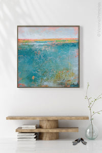 Teal abstract ocean art "Admiral Straits," digital print by Victoria Primicias, decorates the foyer.
