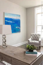 Load image into Gallery viewer, Coastal blue abstract beach wall art &quot;Aegean Crossing,&quot; downloadable art by Victoria Primicias, decorates the office.
