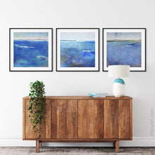 Load image into Gallery viewer, Coastal blue abstract beach wall art &quot;Aegean Crossing,&quot; downloadable art by Victoria Primicias, decorates the entryway.
