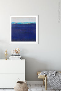 Navy blue abstract beach wall decor "After Hours," downloadable art by Victoria Primicias, decorates the entryway.