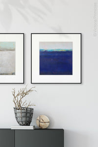 Navy blue abstract beach wall decor "After Hours," digital print by Victoria Primicias, decorates the entryway.