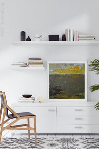 Modern abstract landscape art "Afternoon Delight," digital download by Victoria Primicias, decorates the office.