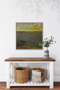 Modern abstract landscape art "Afternoon Delight," digital download by Victoria Primicias, decorates the entryway.