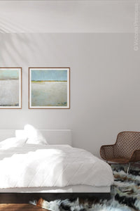 Zen muted abstract beach art "Alabaster Sands," downloadable art by Victoria Primicias, decorates the bedroom.