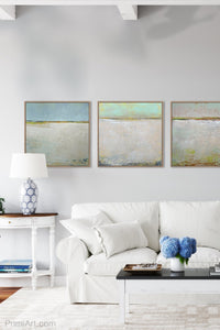 Zen muted abstract seascape painting "Alabaster Sands," downloadable art by Victoria Primicias, decorates the living room.