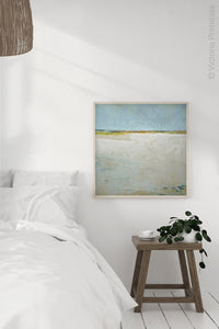 Gray abstract beach art "Alabaster Sands," wall art print by Victoria Primicias, decorates the bedroom.
