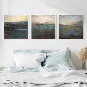 Indigo abstract seascape painting "Almost Forgotten," giclee print by Victoria Primicias, decorates the bedroom.