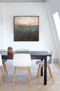 Indigo abstract ocean art "Almost Forgotten," wall art print by Victoria Primicias, decorates the office.