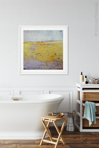 Bright abstract landscape painting "Amalfi Sound," digital download by Victoria Primicias, decorates the bathroom.