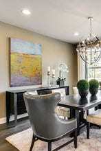 Load image into Gallery viewer, Bright abstract landscape art &quot;Amalfi Sound,&quot; digital artwork by Victoria Primicias, decorates the dining room.
