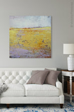 Load image into Gallery viewer, Yellow abstract landscape painting &quot;Amalfi Sound,&quot; wall art print by Victoria Primicias, decorates the living room.
