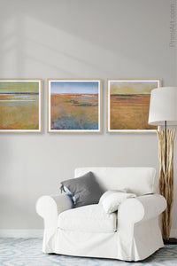 Zen abstract coastal wall art "Amber Keys," digital print by Victoria Primicias, decorates the living room.