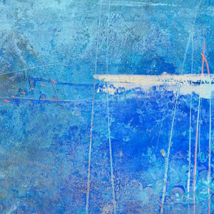 Closeup detail of blue abstract coastal wall art "Arctic Tidings," wall art print by Victoria Primicias