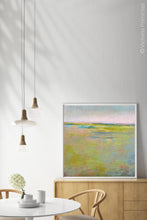 Load image into Gallery viewer, Yellow green landscape painting &quot;Bellini Fields,&quot; digital art by Victoria Primicias, decorates the dining room.

