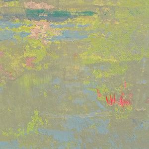 Closeup detail of chartreuse abstract landscape art "Bellini Fields," fine art print by Victoria Primicias