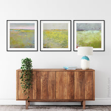 Load image into Gallery viewer, Chartreuse abstract landscape art &quot;Bellini Fields,&quot; fine art print by Victoria Primicias, decorates the entryway.
