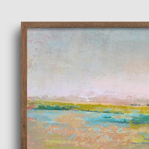 Closeup detail of chartreuse abstract landscape painting "Bellini Fields," wall art print by Victoria Primicias