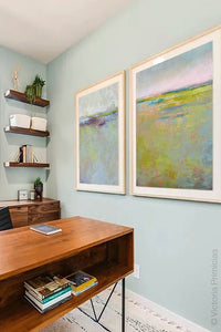 Chartreuse coastal wall art "Bellini Fields," giclee print by Victoria Primicias, decorates the office.