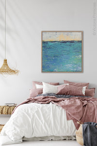 Blue abstract seascape painting"Beryl Basin," printable wall art by Victoria Primicias, decorates the bedroom.