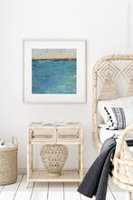 Load image into Gallery viewer, Blue abstract beach art &quot;Beryl Basin,&quot; printable wall art by Victoria Primicias, decorates the bedroom.
