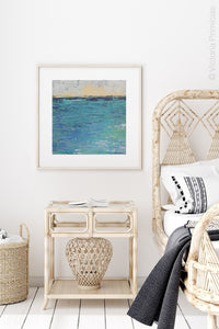 Blue abstract beach art "Beryl Basin," printable wall art by Victoria Primicias, decorates the bedroom.