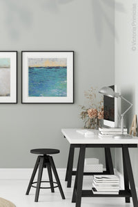 Blue abstract seascape painting"Beryl Basin," printable wall art by Victoria Primicias, decorates the office.