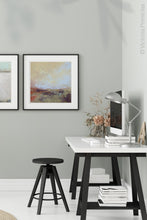 Load image into Gallery viewer, Coastal abstract landscape art &quot;Blue Promise,&quot; digital print by Victoria Primicias, decorates the office.
