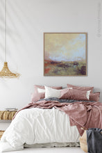 Load image into Gallery viewer, Coastal abstract landscape art &quot;Blue Promise,&quot; digital print by Victoria Primicias, decorates the bedroom.
