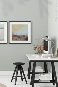 Unique abstract landscape painting "Blue Promise," giclee print by Victoria Primicias, decorates the office.